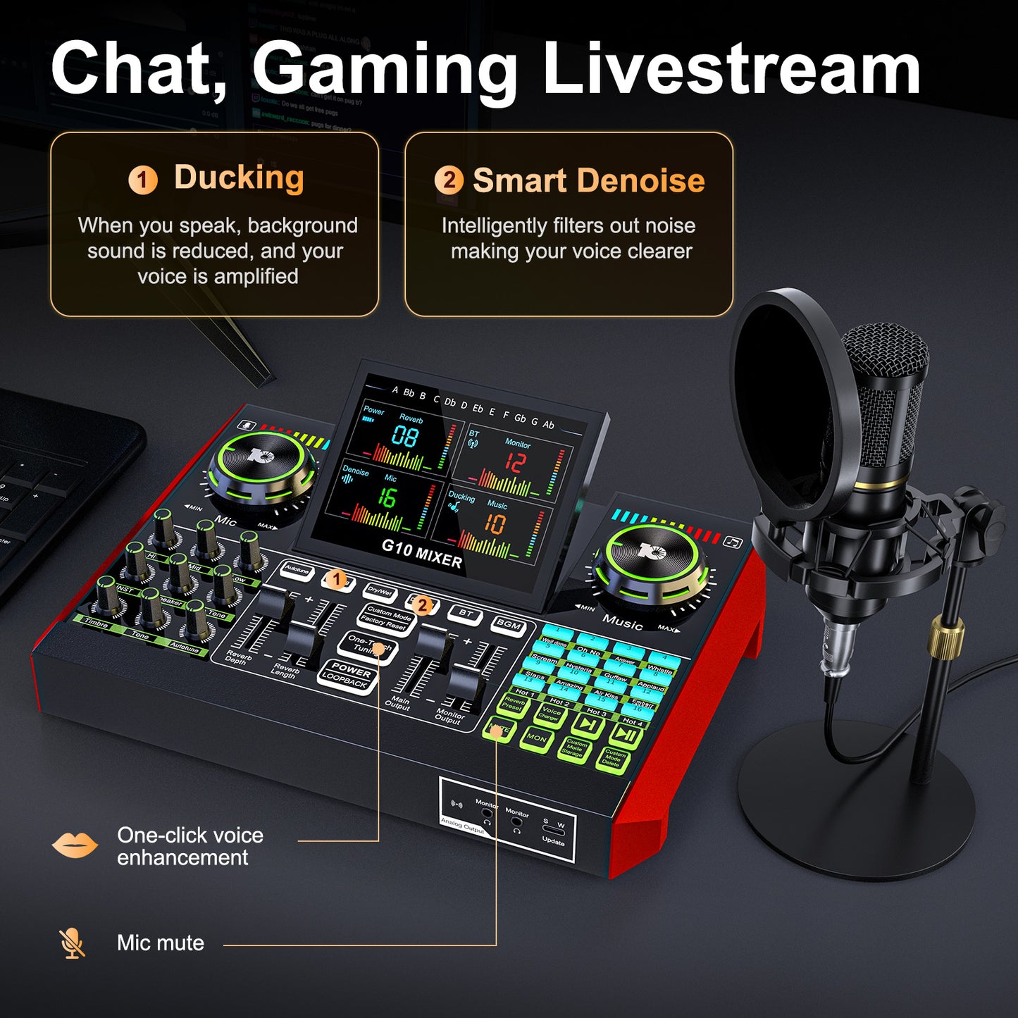 Podcast Microphone Bundle with Live Sound Card Audio Mixer, Podcast Equipment Bundle with 3.5mm Condenser Microphone for Pc/Phone Live Streaming Singing Gaming, Sound Board with Voice Changer, Denoise