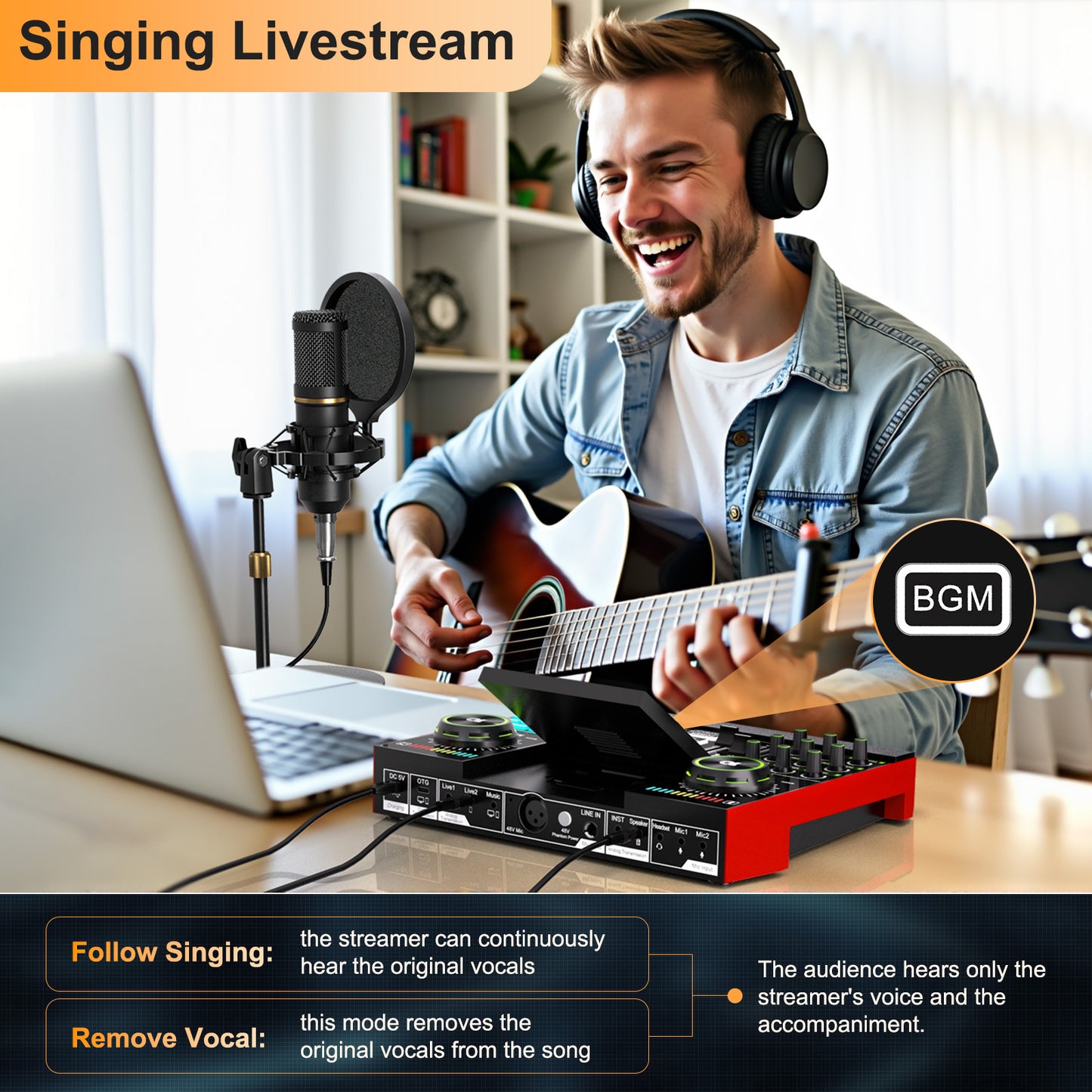 Podcast Microphone Bundle with Live Sound Card Audio Mixer, Podcast Equipment Bundle with 3.5mm Condenser Microphone for Pc/Phone Live Streaming Singing Gaming, Sound Board with Voice Changer, Denoise
