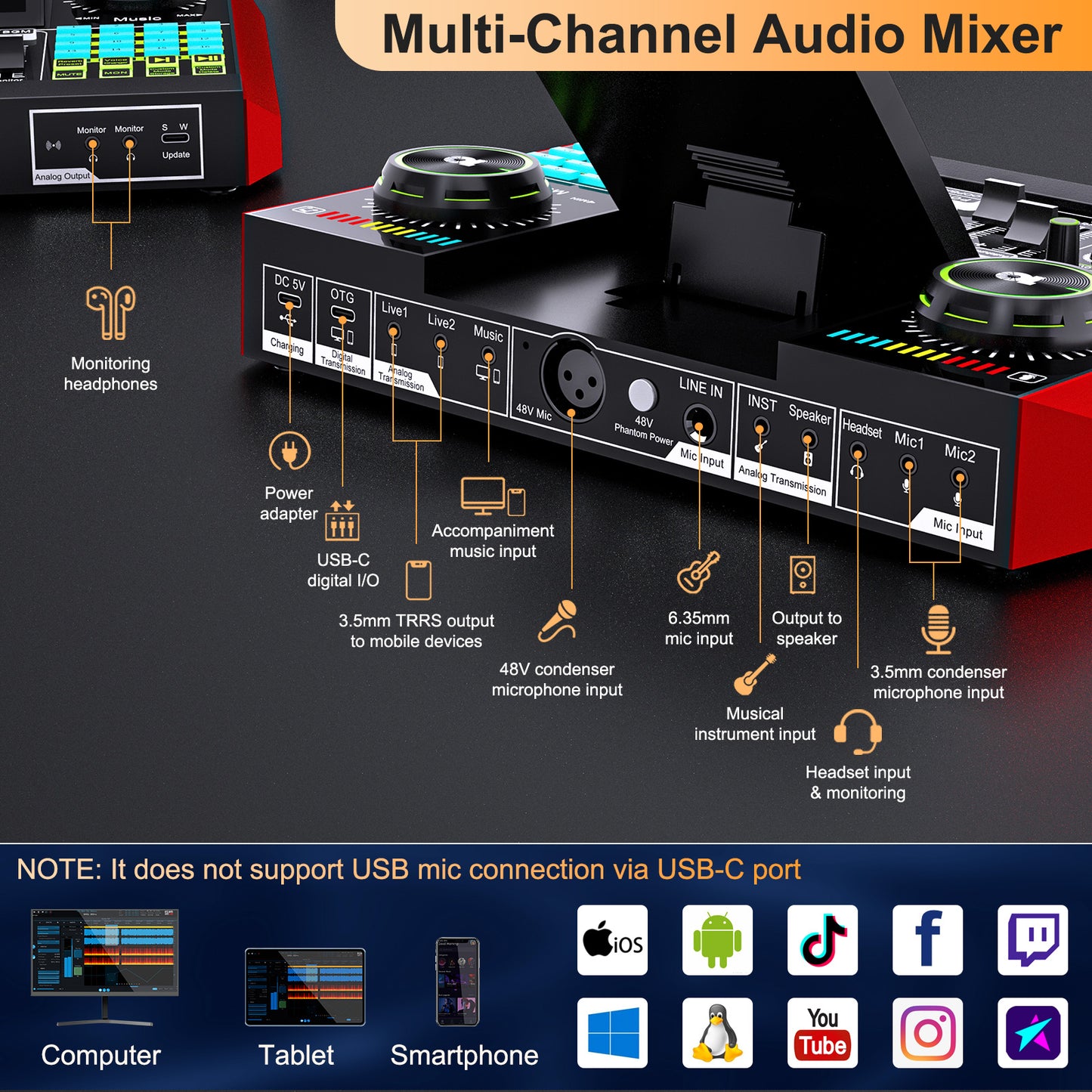Podcast Microphone Bundle with Live Sound Card Audio Mixer, Podcast Equipment Bundle with 3.5mm Condenser Microphone for Pc/Phone Live Streaming Singing Gaming, Sound Board with Voice Changer, Denoise