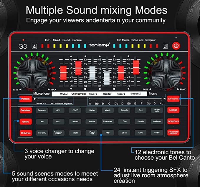 Audio Interface with Audio Mixer & Sound Card, tenlamp G3 Audio Console with Sound Board Voice Changer, Studio Vocal Effects Processor Equipment for PC Live Streaming Gaming Music Recording Podcast