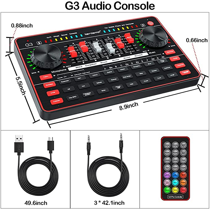 Audio Interface with Audio Mixer & Sound Card, tenlamp G3 Audio Console with Sound Board Voice Changer, Studio Vocal Effects Processor Equipment for PC Live Streaming Gaming Music Recording Podcast