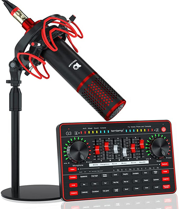tenlamp Studio equipment with Professional Podcast P10 Microphone and G3 Live Sound Card, Audio Interface with DJ Mixer and Voice Changer